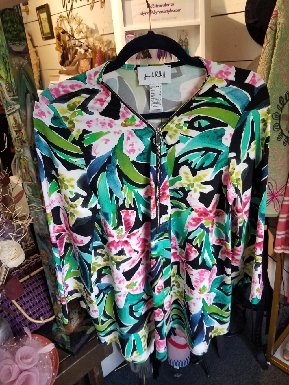 Joseph Ribkoff Tropical Floral Zip-Front Top - Green, Teal, Pink, Black
